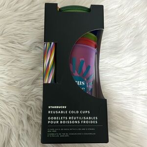 NEW IN BOX. STARBUCKS 5 REUSABLE MULTICOLOR CUPS, LIDS&STRAWS. POSITIVE SAYINGS